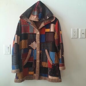 Vintage patchwork Cardigan sweater Fuzzy trim Hood